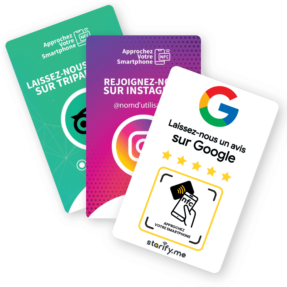 Trio Tarjetas NFC – Google | Tripadvisor | Instagram